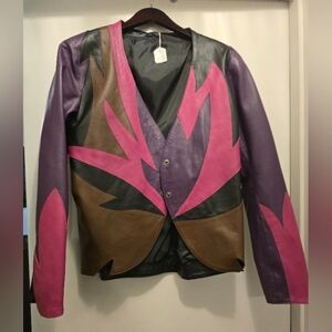 Colorblock Leather Jacket - Pink, Purple & Brown